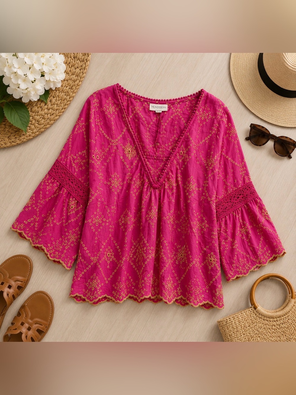 Women's Embroidered Peasant cotton Blouse - Fuchsia pink and yellow boho size m